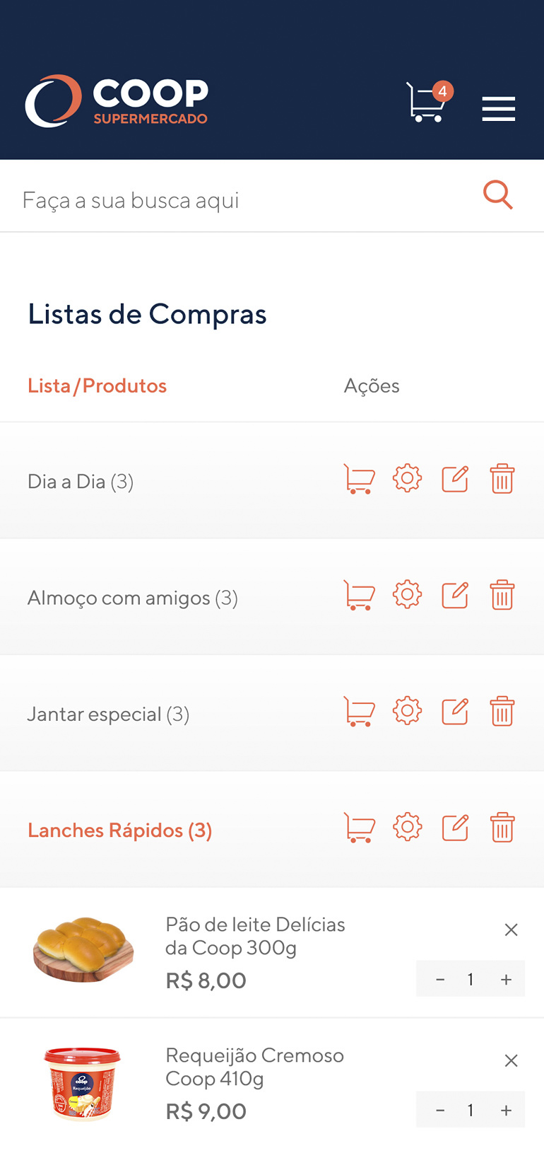Design conceitual para site e-commerce Coop versão mobile.