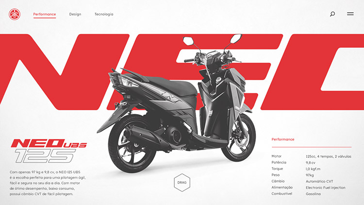 Design conceitual para tela do produto do hotsite Yamaha Neo 125 UBS.